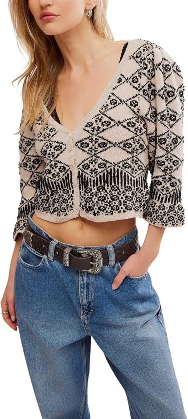 Free People Geo Floral Cardigan, NWT, Black and White, Size XS